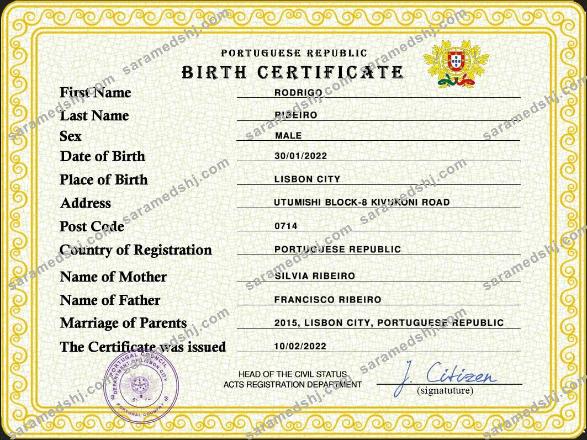 Portugal vital record birth certificate PSD template